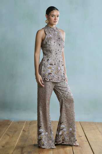 Falsa Grey Tissue, Shantoon Halter Neck Moonlight Embroidered Top Pant Set Online at Aza Fashions Falsa_Grey Tissue, Shantoon Halter Neck Moonlight Embroidered Top Pant Set _Online_at_Aza_Fashions
