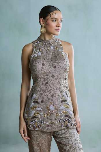 Falsa Grey Tissue, Shantoon Halter Neck Moonlight Embroidered Top Pant Set at Aza Fashions Falsa_Grey Tissue, Shantoon Halter Neck Moonlight Embroidered Top Pant Set _at_Aza_Fashions