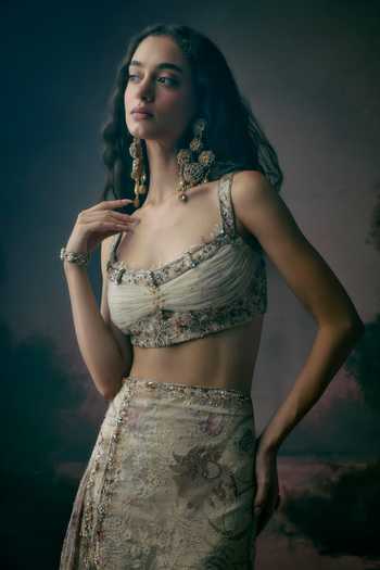Falsa_Yellow Crepe, Tulle, Chantelle Square Reverie Embroidered Blouse And Skirt Set _Online_at_Aza_Fashions