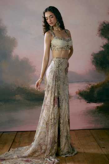 Falsa_Yellow Crepe, Tulle, Chantelle Square Reverie Embroidered Blouse And Skirt Set _at_Aza_Fashions