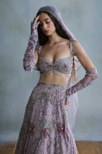 Shop Falsa Pink Tulle, Shantoon, Chantelle Sweetheart Neck Lilac Embroidered Lehenga Set Online at Aza Fashions Shop_Falsa_Pink Tulle, Shantoon, Chantelle Sweetheart Neck Lilac Embroidered Lehenga Set _Online_at_Aza_Fashions