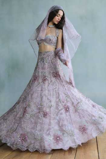 Falsa Pink Tulle, Shantoon, Chantelle Sweetheart Neck Lilac Embroidered Lehenga Set at Aza Fashions Falsa_Pink Tulle, Shantoon, Chantelle Sweetheart Neck Lilac Embroidered Lehenga Set _at_Aza_Fashions