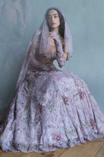 Buy Falsa Pink Tulle, Shantoon, Chantelle Sweetheart Neck Lilac Embroidered Lehenga Set Buy_Falsa_Pink Tulle, Shantoon, Chantelle Sweetheart Neck Lilac Embroidered Lehenga Set