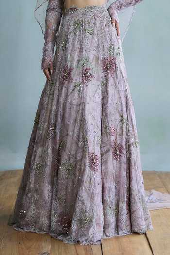 Shop Falsa Pink Tulle, Shantoon, Chantelle Sweetheart Neck Lilac Embroidered Lehenga Set Shop_Falsa_Pink Tulle, Shantoon, Chantelle Sweetheart Neck Lilac Embroidered Lehenga Set