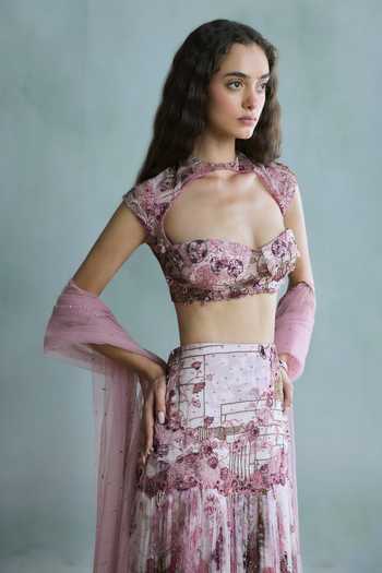 Falsa Pink Organza, Tulle, Shantoon Sweetheart Neck Rosette Embroidered Lehenga Set Online at Aza Fashions Falsa_Pink Organza, Tulle, Shantoon Sweetheart Neck Rosette Embroidered Lehenga Set _Online_at_Aza_Fashions
