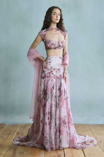 Buy Falsa Pink Organza, Tulle, Shantoon Sweetheart Neck Rosette Embroidered Lehenga Set Online at Aza Fashions Buy_Falsa_Pink Organza, Tulle, Shantoon Sweetheart Neck Rosette Embroidered Lehenga Set _Online_at_Aza_Fashions
