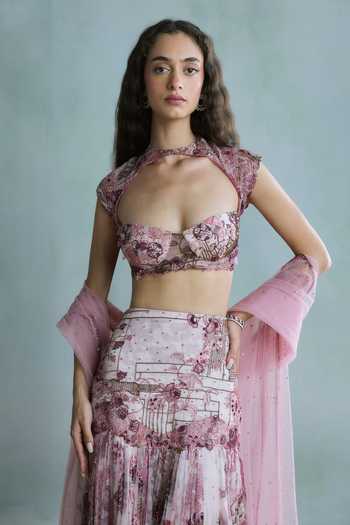 Shop Falsa Pink Organza, Tulle, Shantoon Sweetheart Neck Rosette Embroidered Lehenga Set Online at Aza Fashions Shop_Falsa_Pink Organza, Tulle, Shantoon Sweetheart Neck Rosette Embroidered Lehenga Set _Online_at_Aza_Fashions