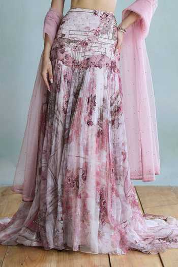Falsa Pink Organza, Tulle, Shantoon Sweetheart Neck Rosette Embroidered Lehenga Set at Aza Fashions Falsa_Pink Organza, Tulle, Shantoon Sweetheart Neck Rosette Embroidered Lehenga Set _at_Aza_Fashions