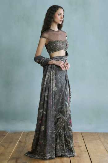 Falsa_Grey Cotton, Crepe, Tulle, Chantelle, Jugnu Hand Embroidered Saree With Blouse _Online_at_Aza_Fashions