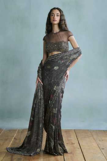 Buy_Falsa_Grey Cotton, Crepe, Tulle, Chantelle, Jugnu Hand Embroidered Saree With Blouse _Online_at_Aza_Fashions