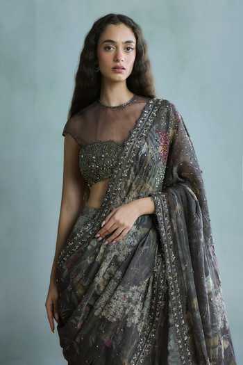 Shop_Falsa_Grey Cotton, Crepe, Tulle, Chantelle, Jugnu Hand Embroidered Saree With Blouse _Online_at_Aza_Fashions