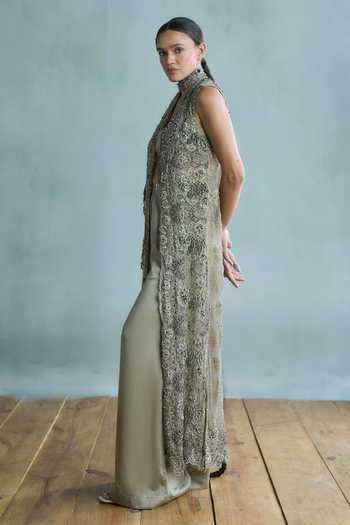 Falsa Green Satin, Tulle, Lace High Neck Sage Hand Embroidered Jacket Pant Set Online at Aza Fashions Falsa_Green Satin, Tulle, Lace High Neck Sage Hand Embroidered Jacket Pant Set _Online_at_Aza_Fashions