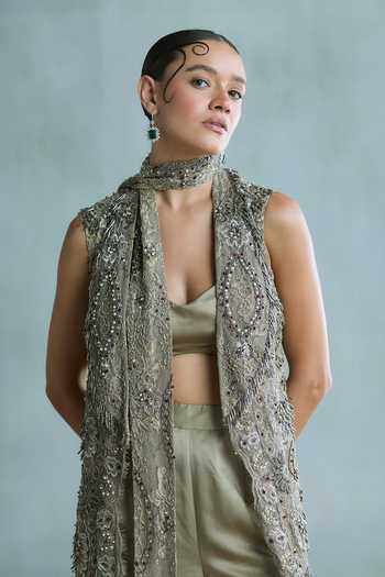 Buy Falsa Green Satin, Tulle, Lace High Neck Sage Hand Embroidered Jacket Pant Set Online at Aza Fashions Buy_Falsa_Green Satin, Tulle, Lace High Neck Sage Hand Embroidered Jacket Pant Set _Online_at_Aza_Fashions