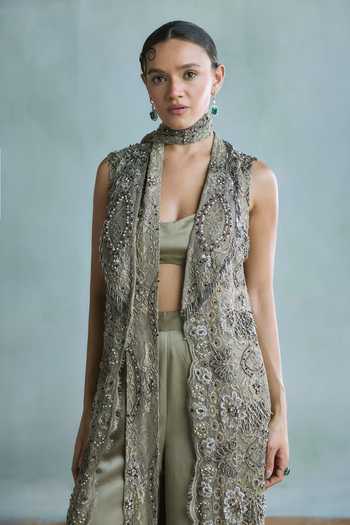 Shop Falsa Green Satin, Tulle, Lace High Neck Sage Hand Embroidered Jacket Pant Set Online at Aza Fashions Shop_Falsa_Green Satin, Tulle, Lace High Neck Sage Hand Embroidered Jacket Pant Set _Online_at_Aza_Fashions