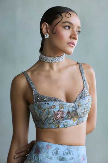 Falsa_Blue Satin, Shantoon, Tulle, Bluebell Hand Embroidered Blouse And Skirt Set _Online_at_Aza_Fashions