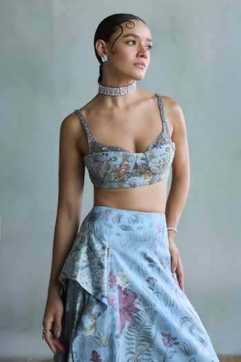 Buy_Falsa_Blue Satin, Shantoon, Tulle, Bluebell Hand Embroidered Blouse And Skirt Set _Online_at_Aza_Fashions