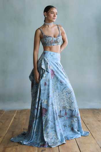 Shop_Falsa_Blue Satin, Shantoon, Tulle, Bluebell Hand Embroidered Blouse And Skirt Set _Online_at_Aza_Fashions