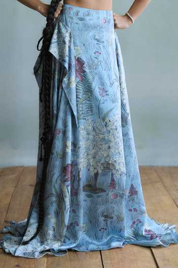 Falsa_Blue Satin, Shantoon, Tulle, Bluebell Hand Embroidered Blouse And Skirt Set _at_Aza_Fashions