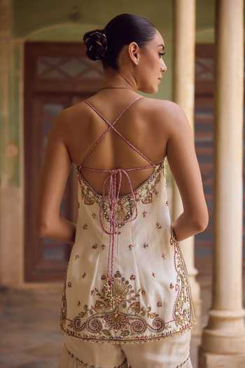 Tamanna Punjabi Kapoor_Ivory Silk, Organza Scoop Neck, Yes Mahnoor Embroidered Kurta Sharara Set _Online_at_Aza_Fashions