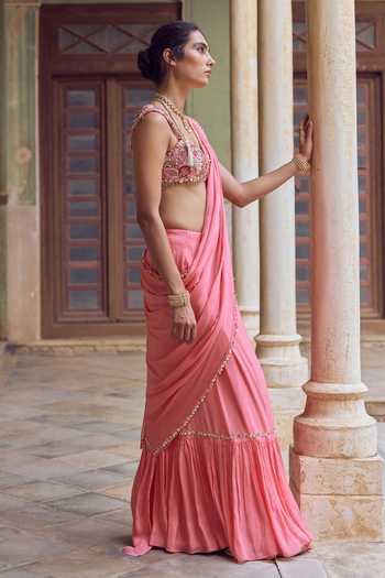 Tamanna Punjabi Kapoor_Pink Chiffon, Raw Silk Sweetheart Neck Dua Pre-draped Saree With Blouse _Online_at_Aza_Fashions