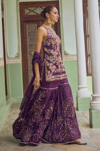 Buy_Tamanna Punjabi Kapoor_Purple Silk, Organza Halter Neck, Yes Farah Embroidered Gharara Set _Online_at_Aza_Fashions