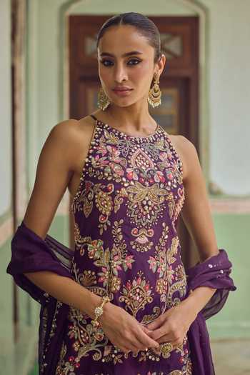 Shop_Tamanna Punjabi Kapoor_Purple Silk, Organza Halter Neck, Yes Farah Embroidered Gharara Set _Online_at_Aza_Fashions