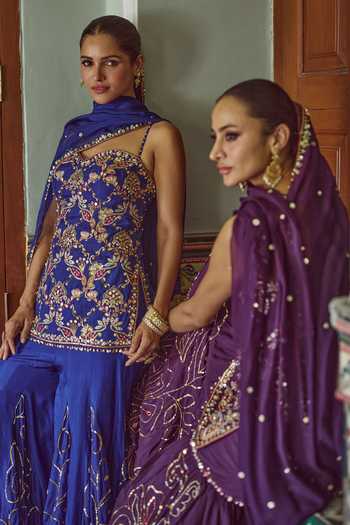 Tamanna Punjabi Kapoor_Purple Silk, Organza Halter Neck, Yes Farah Embroidered Gharara Set _at_Aza_Fashions