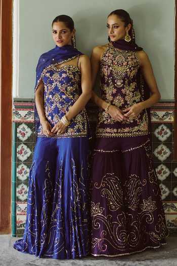 Buy_Tamanna Punjabi Kapoor_Purple Silk, Organza Halter Neck, Yes Farah Embroidered Gharara Set 