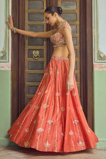 Buy Tamanna Punjabi Kapoor Rust Organza, Chanderi Sweetheart Neck Gerua Embroidered Lehenga Set Online at Aza Fashions Buy_Tamanna Punjabi Kapoor_Rust Organza, Chanderi Sweetheart Neck Gerua Embroidered Lehenga Set _Online_at_Aza_Fashions