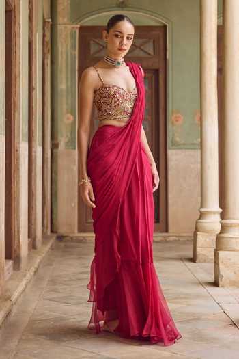 Tamanna Punjabi Kapoor_Fuchsia Organza, Chiffon, Raw Silk Gulaab Pre-draped Saree With Blouse _Online_at_Aza_Fashions