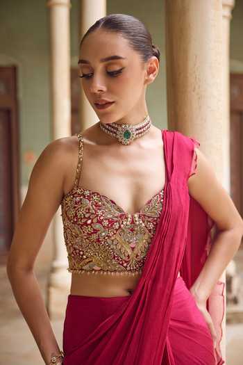 Buy_Tamanna Punjabi Kapoor_Fuchsia Organza, Chiffon, Raw Silk Gulaab Pre-draped Saree With Blouse _Online_at_Aza_Fashions