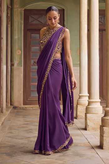 Buy Tamanna Punjabi Kapoor Purple Crepe Halter Neck Inaam Saree With Embroidered Blouse Online at Aza Fashions Buy_Tamanna Punjabi Kapoor_Purple Crepe Halter Neck Inaam Saree With Embroidered Blouse _Online_at_Aza_Fashions