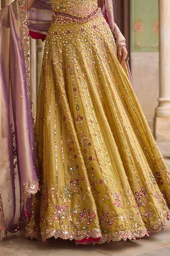 Buy_Tamanna Punjabi Kapoor_Mustard Tissue Sweetheart Jannat Embellished Kanjivaram Lehenga And Blouse Set _Online_at_Aza_Fashions