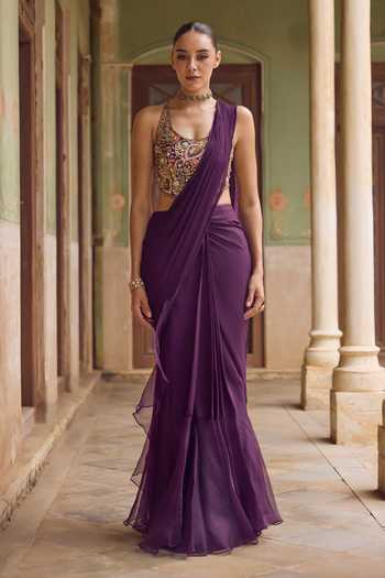 Tamanna Punjabi Kapoor Kashida Pre-Draped Saree With Blouse