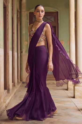 Tamanna Punjabi Kapoor_Purple Organza, Chiffon, Raw Silk Halter Kashida Pre-draped Saree With Blouse _Online_at_Aza_Fashions