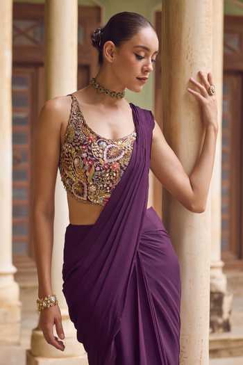 Buy_Tamanna Punjabi Kapoor_Purple Organza, Chiffon, Raw Silk Halter Kashida Pre-draped Saree With Blouse _Online_at_Aza_Fashions
