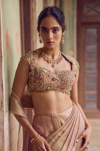 Shop Tamanna Punjabi Kapoor Pink Tissue Sweetheart Neck Khwaab Pre-draped Saree With Blouse Online at Aza Fashions Shop_Tamanna Punjabi Kapoor_Pink Tissue Sweetheart Neck Khwaab Pre-draped Saree With Blouse _Online_at_Aza_Fashions