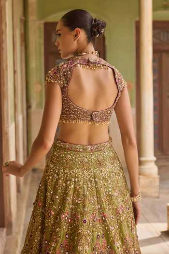 Shop Tamanna Punjabi Kapoor Green Tissue Sweetheart Neck Maahira Embroidered Lehenga Set Online at Aza Fashions Shop_Tamanna Punjabi Kapoor_Green Tissue Sweetheart Neck Maahira Embroidered Lehenga Set _Online_at_Aza_Fashions