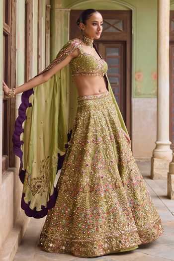 Buy Tamanna Punjabi Kapoor Green Tissue Sweetheart Neck Maahira Embroidered Lehenga Set Buy_Tamanna Punjabi Kapoor_Green Tissue Sweetheart Neck Maahira Embroidered Lehenga Set