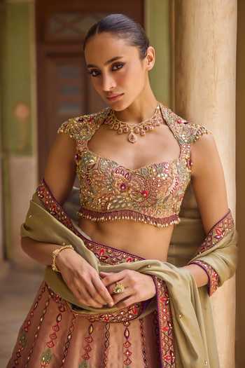 Shop Tamanna Punjabi Kapoor Pink Tissue Sweetheart Neck Maasuma Embroidered Lehenga Set Online at Aza Fashions Shop_Tamanna Punjabi Kapoor_Pink Tissue Sweetheart Neck Maasuma Embroidered Lehenga Set _Online_at_Aza_Fashions