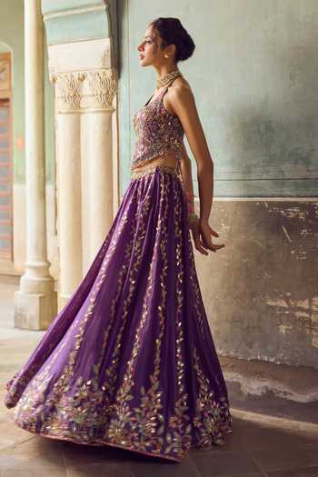 Tamanna Punjabi Kapoor_Purple Organza, Chanderi Halter Neck Meher Embroidered Lehenga Set _Online_at_Aza_Fashions