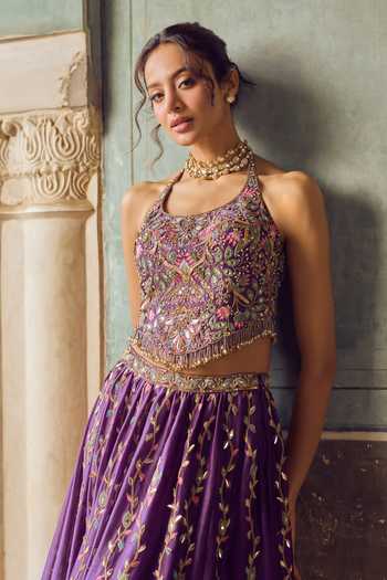 Shop_Tamanna Punjabi Kapoor_Purple Organza, Chanderi Halter Neck Meher Embroidered Lehenga Set _Online_at_Aza_Fashions