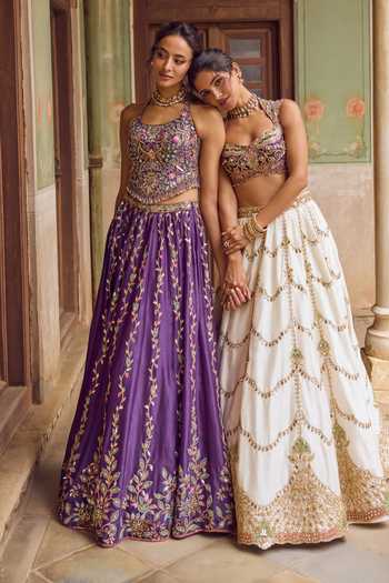 Tamanna Punjabi Kapoor_Purple Organza, Chanderi Halter Neck Meher Embroidered Lehenga Set _at_Aza_Fashions