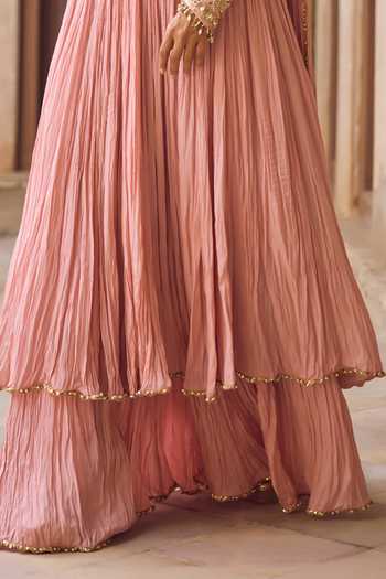 Tamanna Punjabi Kapoor Pink Crepe V-neck Naaz Crushed Anarkali Skirt Set Online at Aza Fashions Tamanna Punjabi Kapoor_Pink Crepe V-neck Naaz Crushed Anarkali Skirt Set _Online_at_Aza_Fashions