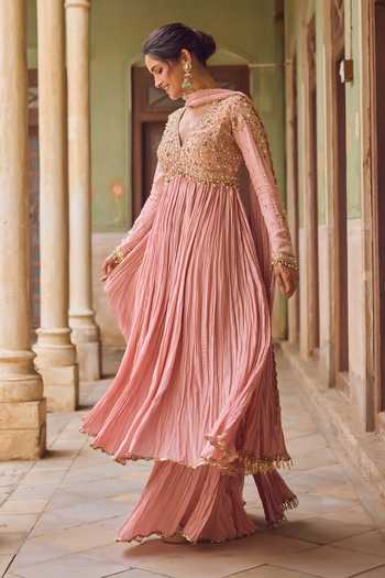 Buy Tamanna Punjabi Kapoor Pink Crepe V-neck Naaz Crushed Anarkali Skirt Set Online at Aza Fashions Buy_Tamanna Punjabi Kapoor_Pink Crepe V-neck Naaz Crushed Anarkali Skirt Set _Online_at_Aza_Fashions