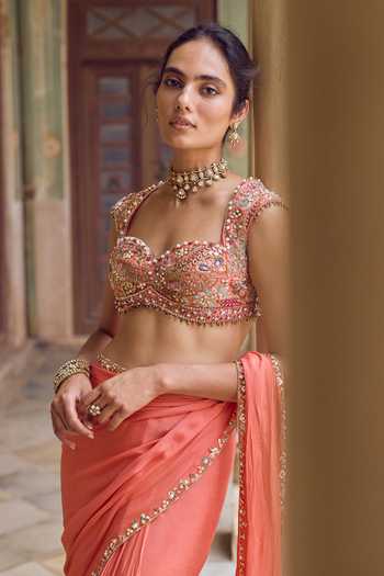 Buy_Tamanna Punjabi Kapoor_Coral Chiffon, Raw Silk Sweetheart Neck Nayra Pre-draped Saree Set _Online_at_Aza_Fashions