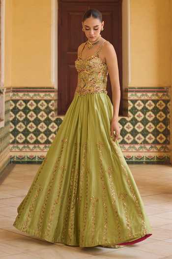 Buy Tamanna Punjabi Kapoor Green Chanderi, Net Sweetheart Neck Nazm Embroidered Lehenga Set Online at Aza Fashions Buy_Tamanna Punjabi Kapoor_Green Chanderi, Net Sweetheart Neck Nazm Embroidered Lehenga Set _Online_at_Aza_Fashions