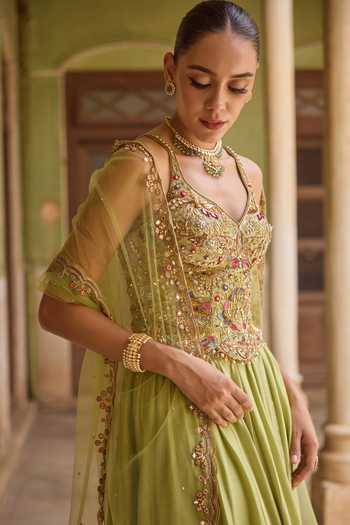 Shop Tamanna Punjabi Kapoor Green Chanderi, Net Sweetheart Neck Nazm Embroidered Lehenga Set Online at Aza Fashions Shop_Tamanna Punjabi Kapoor_Green Chanderi, Net Sweetheart Neck Nazm Embroidered Lehenga Set _Online_at_Aza_Fashions