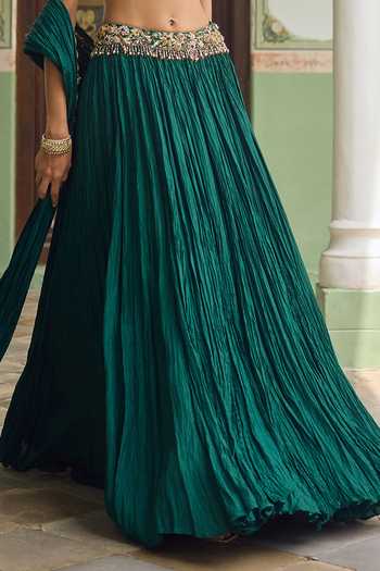 Buy Tamanna Punjabi Kapoor Emerald Green Silk High Neck Rihaa Crushed Lehenga Set Online at Aza Fashions Buy_Tamanna Punjabi Kapoor_Emerald Green Silk High Neck Rihaa Crushed Lehenga Set _Online_at_Aza_Fashions
