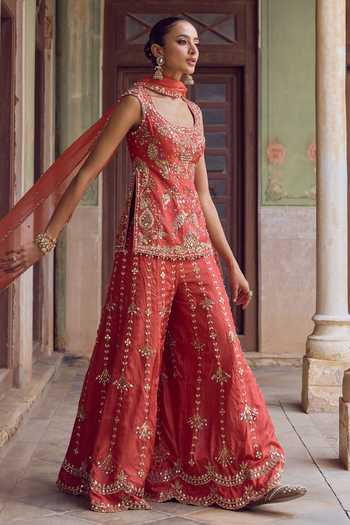 Buy Tamanna Punjabi Kapoor Rust Silk, Organza Scoop Neck, Yes Roohani Embroidered Sharara Set Online at Aza Fashions Buy_Tamanna Punjabi Kapoor_Rust Silk, Organza Scoop Neck, Yes Roohani Embroidered Sharara Set _Online_at_Aza_Fashions